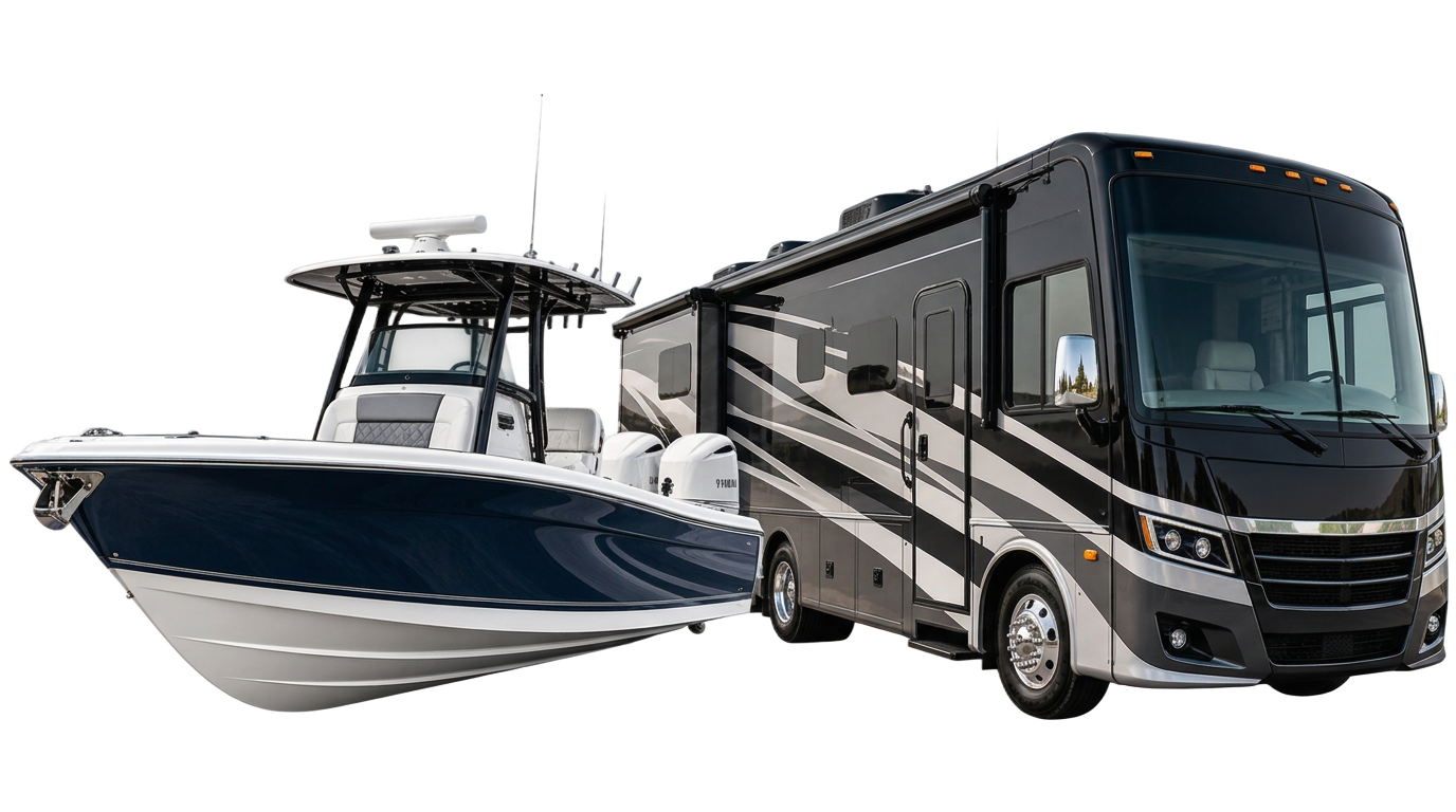 Center console boat parked beside a large luxury motorhome RV